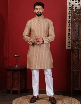 Chikoo color stylish woven designer graceful festive kurta payjama for men 1