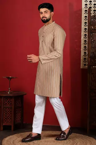 Chikoo color stylish woven designer graceful festive kurta payjama for men