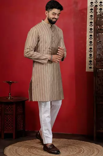 Chikoo color stylish woven designer graceful festive kurta payjama for men