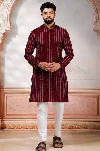 Maroon color stylish woven designer graceful festive kurta payjama for men