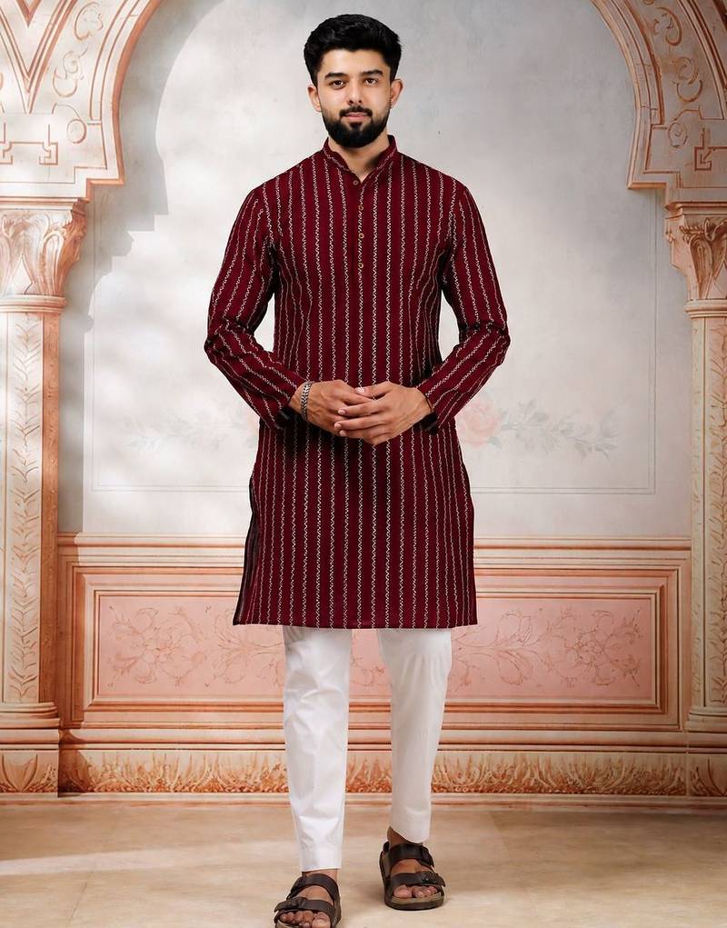 Maroon color stylish woven designer graceful festive kurta payjama for men