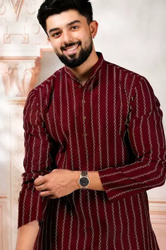 Maroon color stylish woven designer graceful festive kurta payjama for men