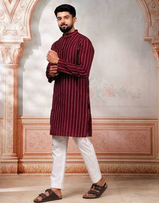 Maroon color stylish woven designer graceful festive kurta payjama for men 4