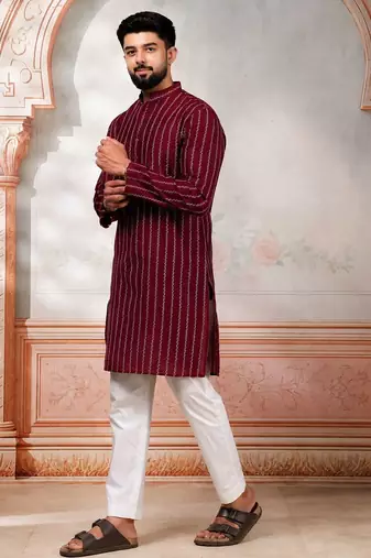 Maroon color stylish woven designer graceful festive kurta payjama for men