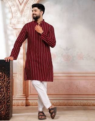 Maroon color stylish woven designer graceful festive kurta payjama for men 5