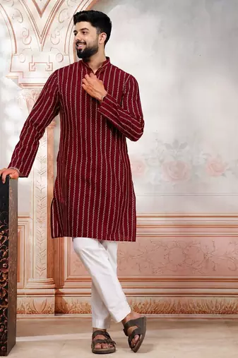 Maroon color stylish woven designer graceful festive kurta payjama for men