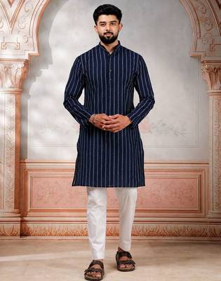 Navy blue color stylish woven designer graceful festive kurta payjama for men 1