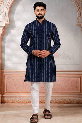 Navy blue color stylish woven designer graceful festive kurta payjama for men