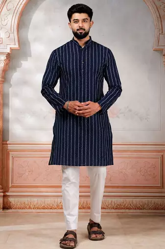 Navy blue color stylish woven designer graceful festive kurta payjama for men