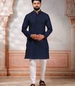 Navy blue color stylish woven designer graceful festive kurta payjama for men