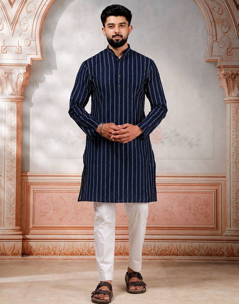 Navy blue color stylish woven designer graceful festive kurta payjama for men