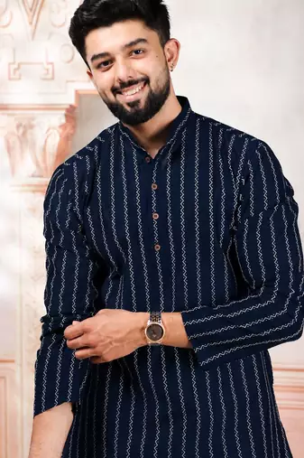 Navy blue color stylish woven designer graceful festive kurta payjama for men