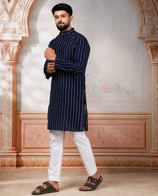 Navy blue color stylish woven designer graceful festive kurta payjama for men 4