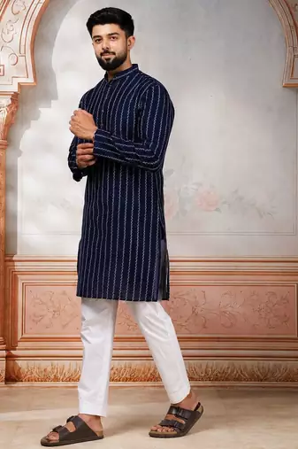 Navy blue color stylish woven designer graceful festive kurta payjama for men