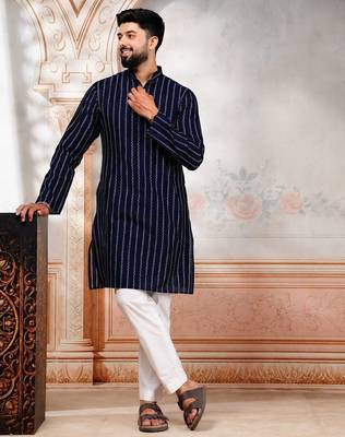 Navy blue color stylish woven designer graceful festive kurta payjama for men 5