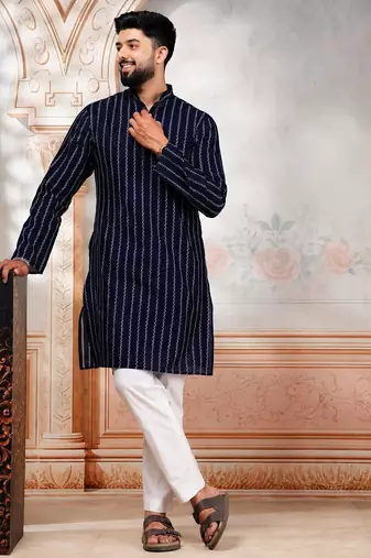 Navy blue color stylish woven designer graceful festive kurta payjama for men