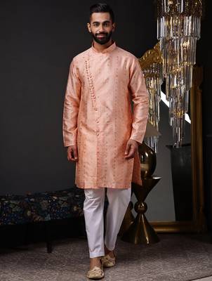Peach color graceful ethnic kurta payjama for men's festive looks 1