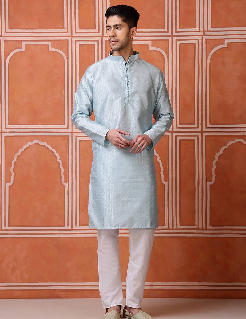 Sky blue color graceful ethnic kurta payjama for men's festive looks