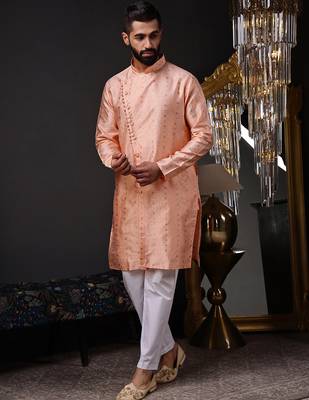 Peach color graceful ethnic kurta payjama for men's festive looks 4