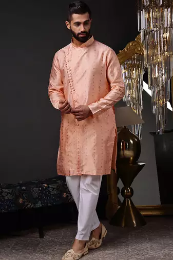 Peach color graceful ethnic kurta payjama for men's festive looks