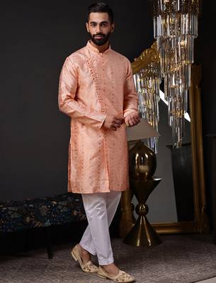 Peach color graceful ethnic kurta payjama for men's festive looks 5