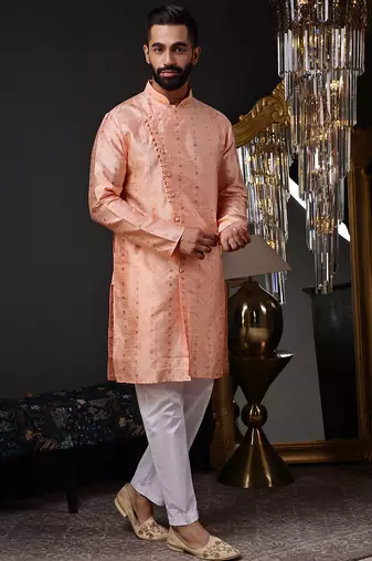 Peach color graceful ethnic kurta payjama for men's festive looks