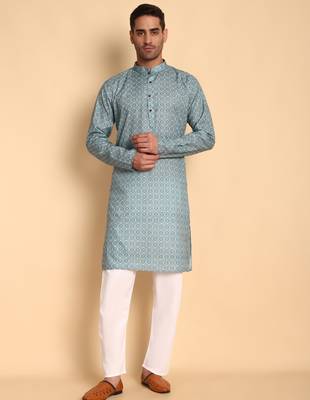 Teal color beautiful printed smart ceremonial kurta payjama 1