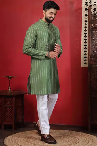 Pista color stylish woven designer graceful festive kurta payjama for men