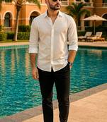 Cream color formal solid linen cotton rich looks shirt for men