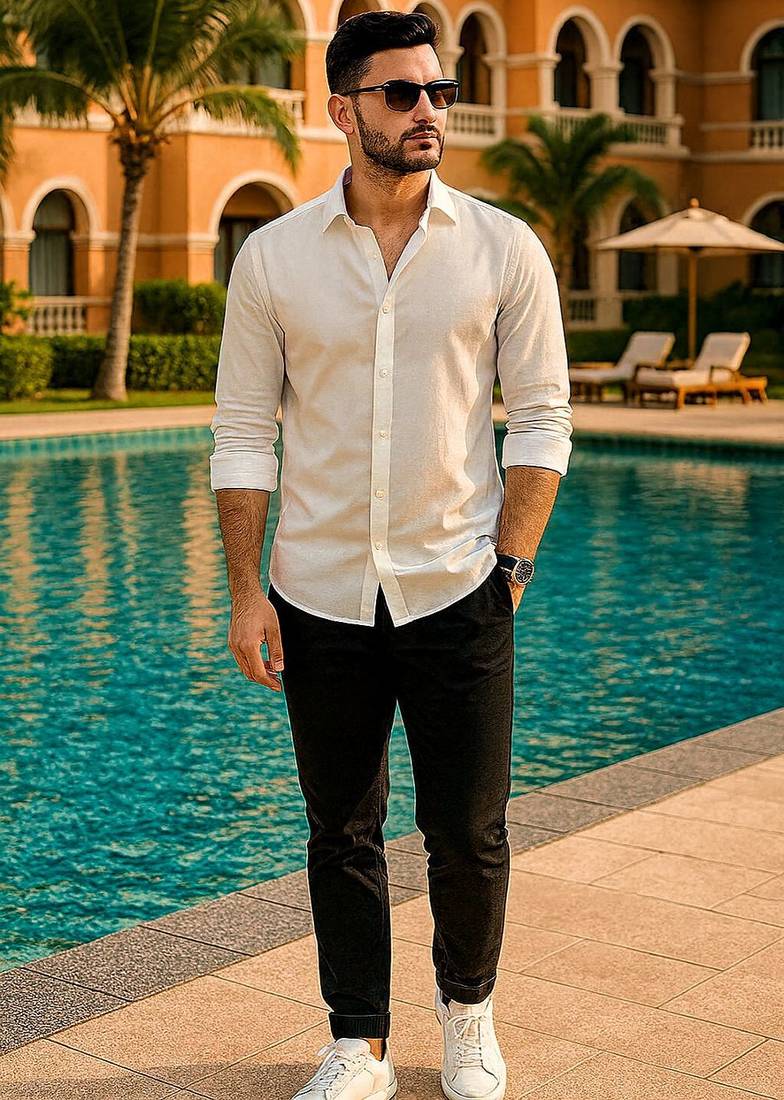 Cream color formal solid linen cotton rich looks shirt for men