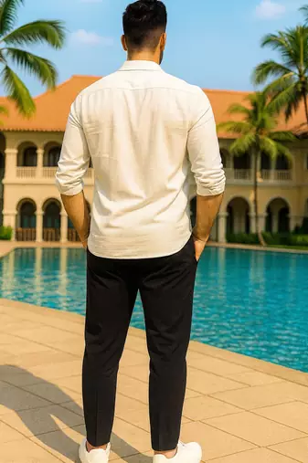 Cream color formal solid linen cotton rich looks shirt for men
