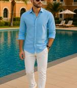 Sky blue color formal solid linen cotton rich looks shirt for men