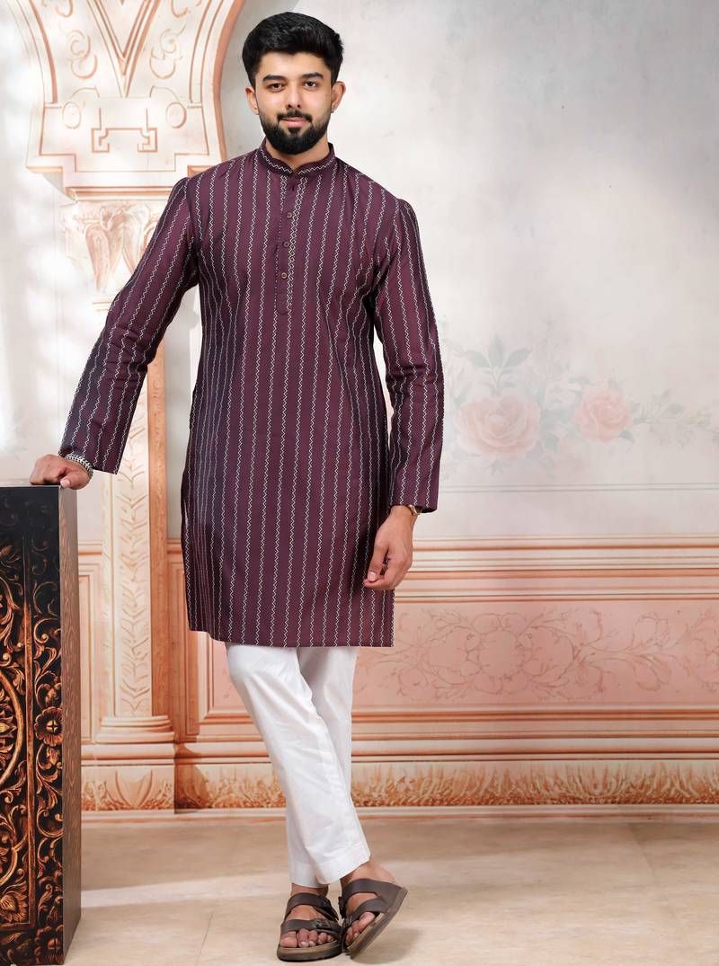 Wine color stylish woven designer graceful festive kurta payjama for men