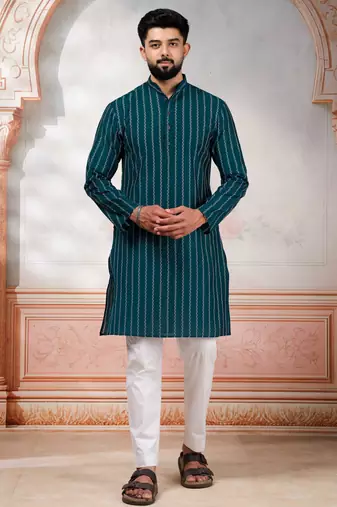 Teal color stylish woven designer graceful festive kurta payjama for men
