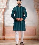 Teal color stylish woven designer graceful festive kurta payjama for men