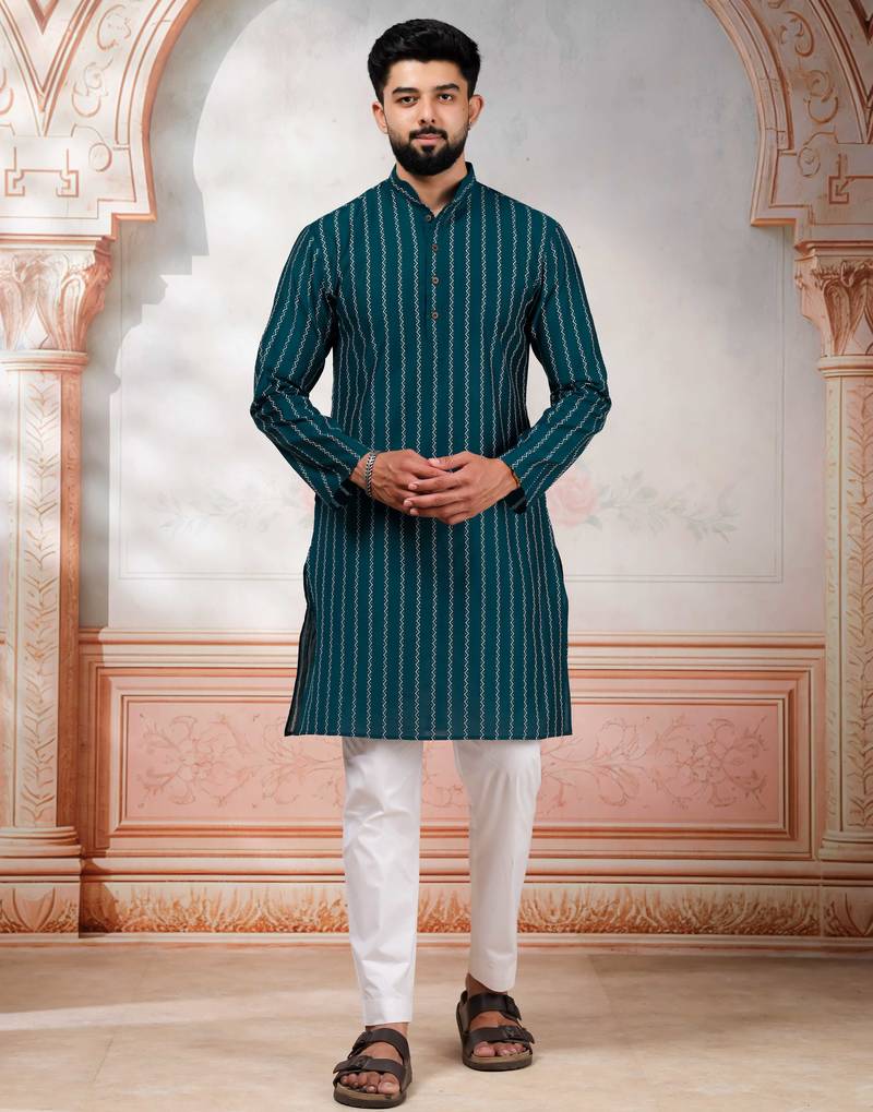 Teal color stylish woven designer graceful festive kurta payjama for men
