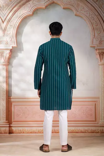 Teal color stylish woven designer graceful festive kurta payjama for men
