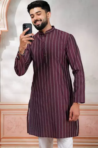 Wine color stylish woven designer graceful festive kurta payjama for men