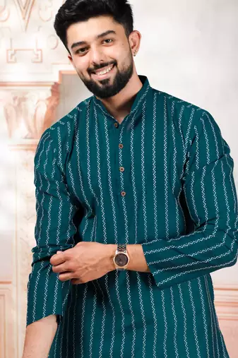 Teal color stylish woven designer graceful festive kurta payjama for men