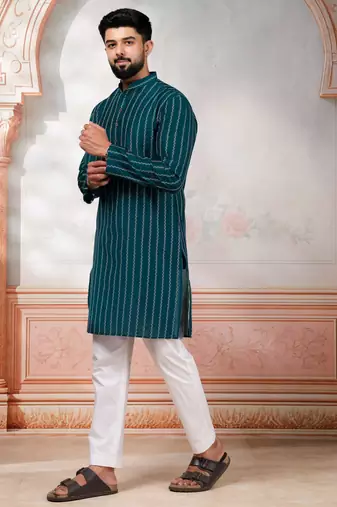 Teal color stylish woven designer graceful festive kurta payjama for men