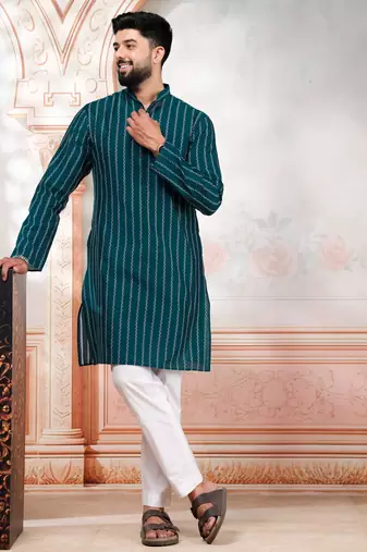 Teal color stylish woven designer graceful festive kurta payjama for men