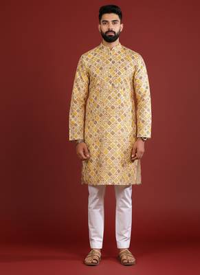 Mustard color beautiful kurta payjama for handsome men's looks 1