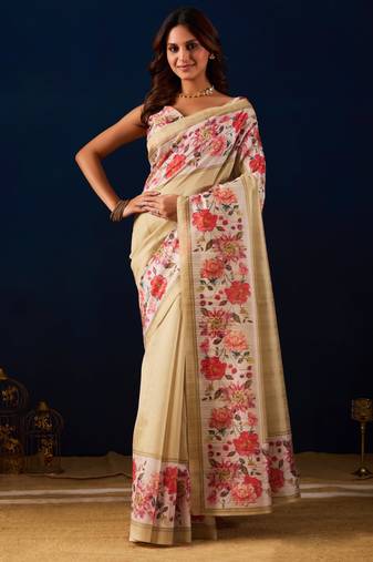 beige color jute silk blend fabric designer printed ready to wear saree