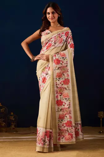 beige color jute silk blend fabric designer printed ready to wear saree