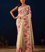 Beige color jute silk fabric designer printed ready to wear saree