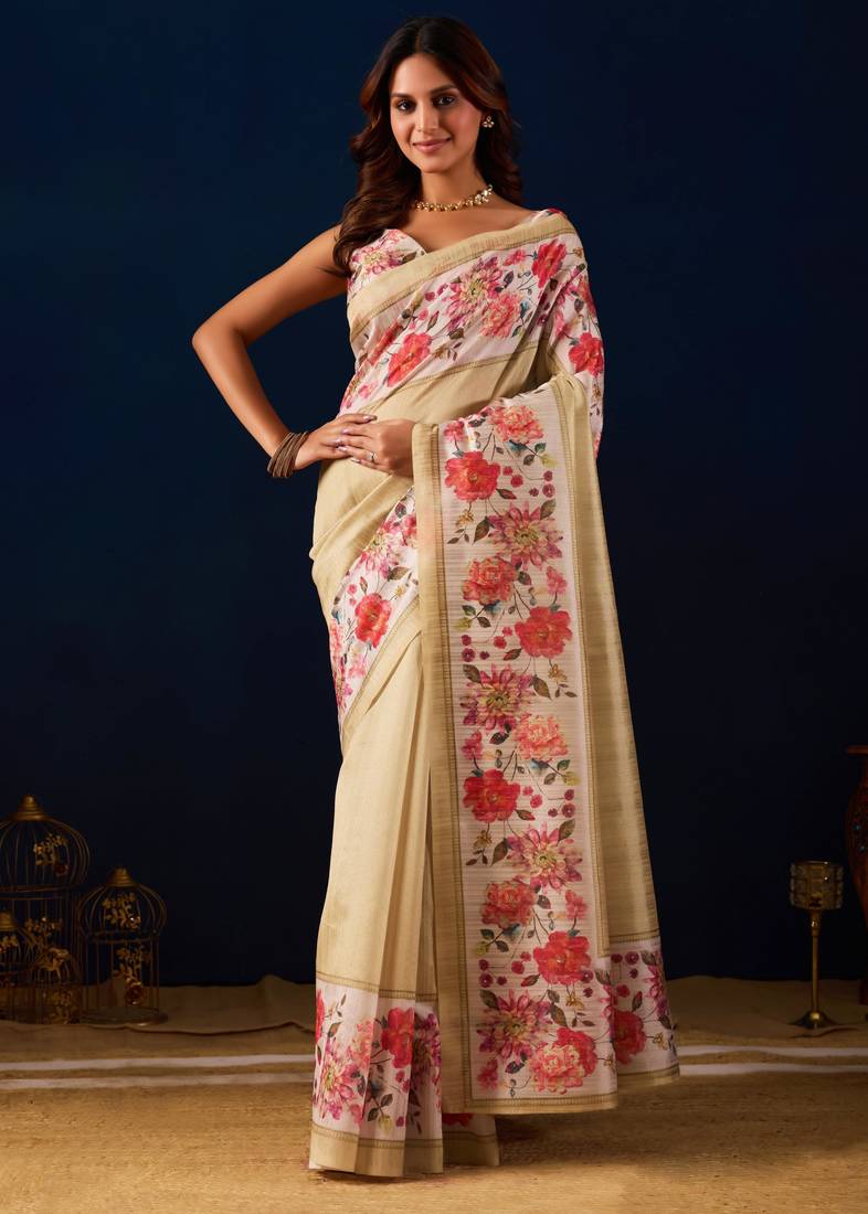 Beige color jute silk fabric designer printed ready to wear saree