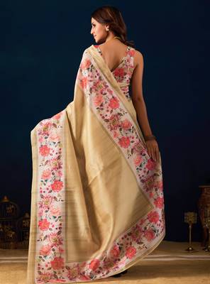 Beige color jute silk fabric designer printed ready to wear saree 2