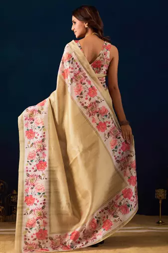 beige color jute silk blend fabric designer printed ready to wear saree