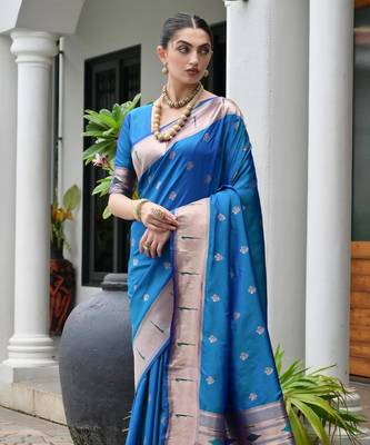firozi color smart paithani woven designer banarasi silk blend saree for traditional rich looks 1