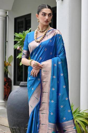 firozi color smart paithani woven designer banarasi silk blend saree for traditional rich looks